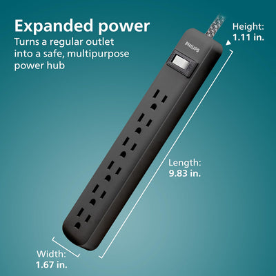 Philips 6-Outlet Surge Protector, 735 J, 3 ft. Braided Cord, Black