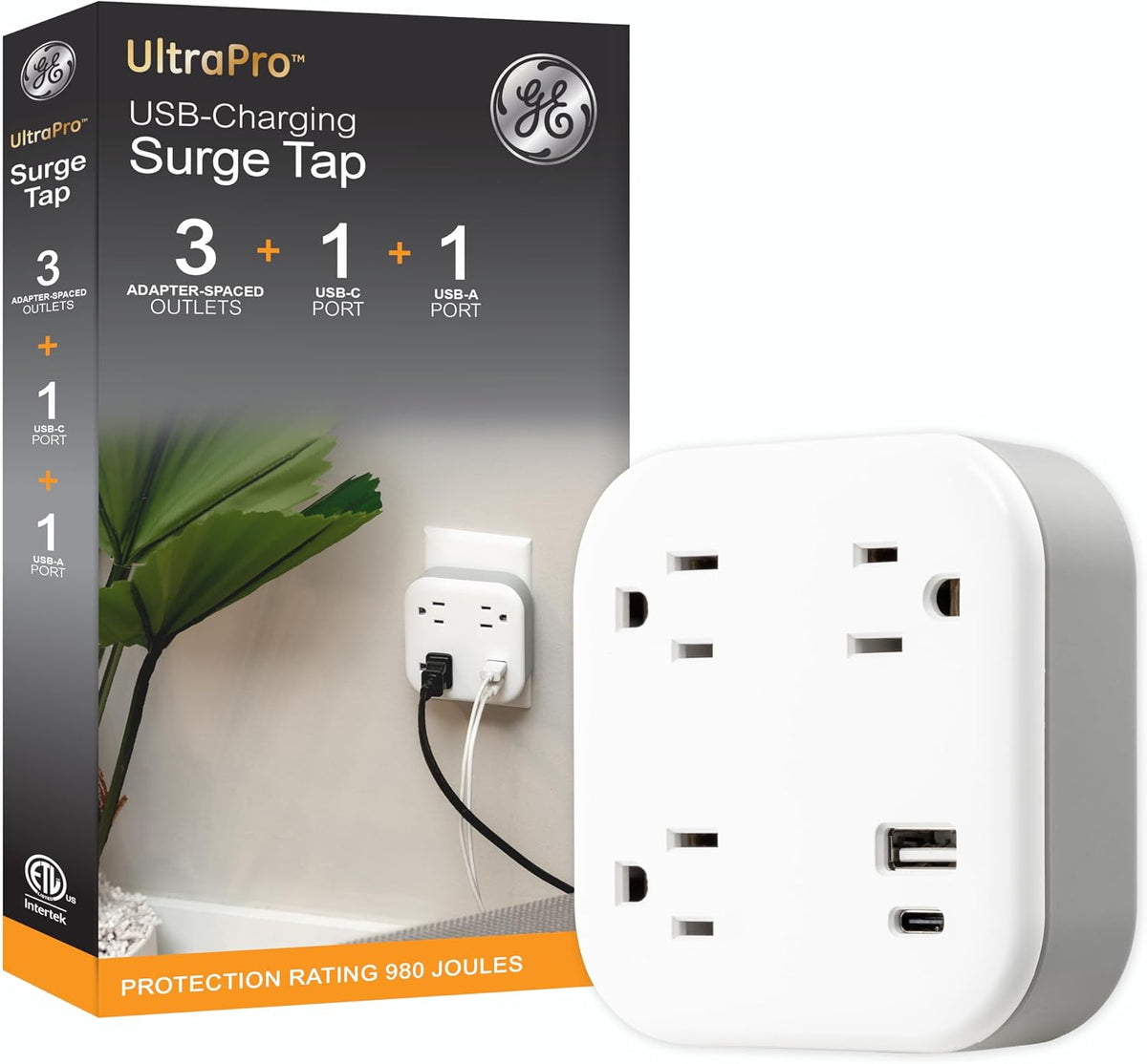 GE-branded UltraPro 3-Outlet Surge Tap with USB, 980J, 1 USB-A, 1 USB-C, White