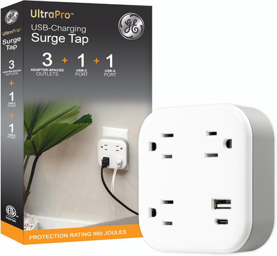 GE-branded UltraPro 3-Outlet Surge Tap with USB, 980J, 1 USB-A, 1 USB-C, White