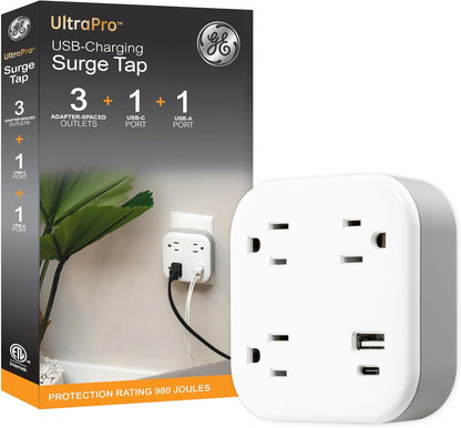 GE-branded UltraPro 3-Outlet Surge Tap with USB, 980J, 1 USB-A, 1 USB-C, White