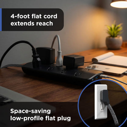 GE-branded 8-Outlet UltraSlim Surge Protector, 1 USB-A, 2 USB-C 15W, 1500J, 4ft. Braided Cord, Black