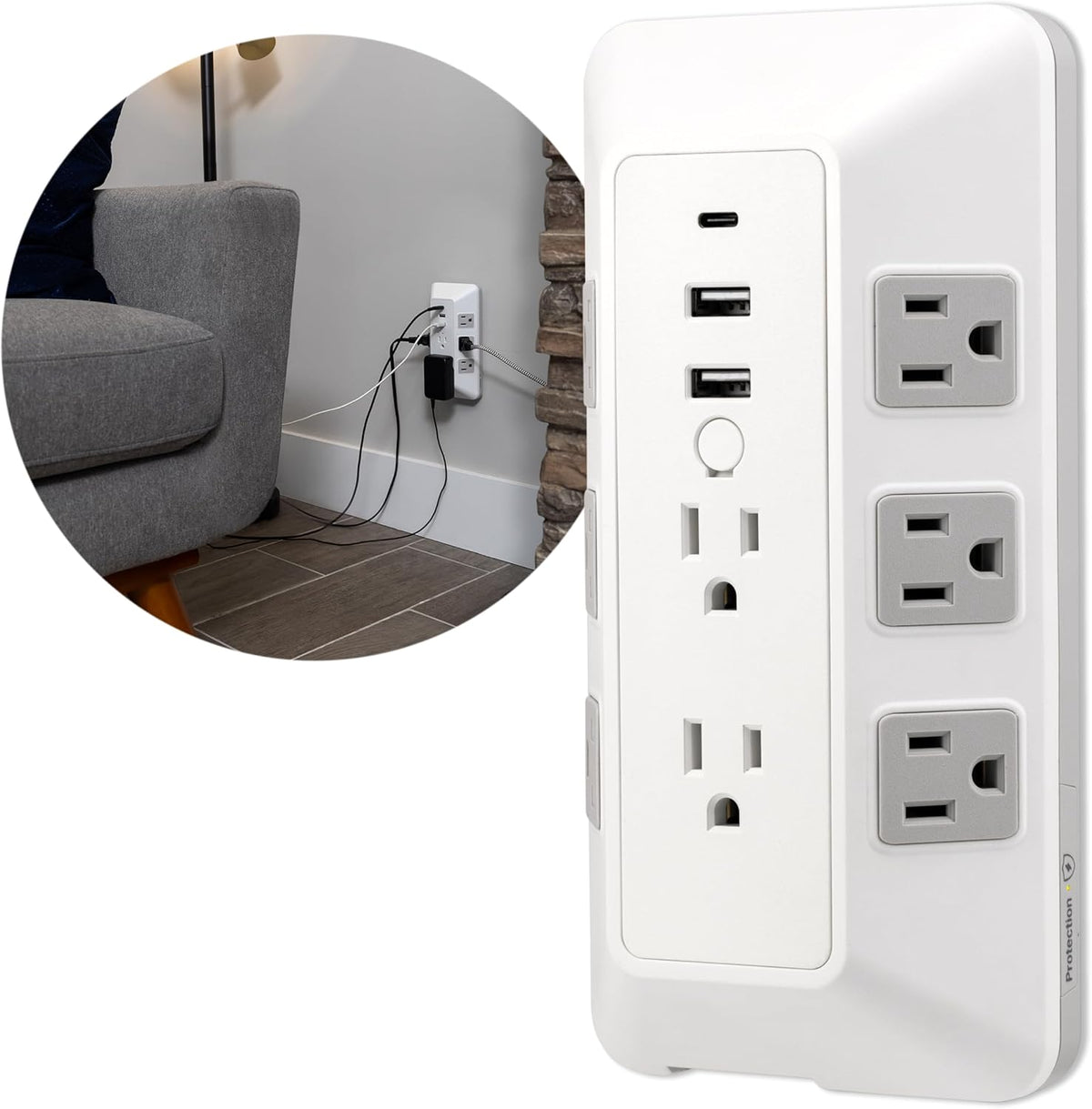 GE 8-Outlet Surge Protector with USB, Outlet Extender, 2 USB-A, 1 USB-C, White