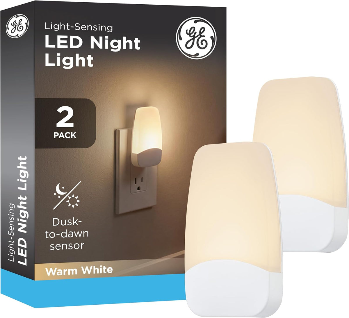 GE Light Sensing LED Night Light, Warm White, 2 Pack