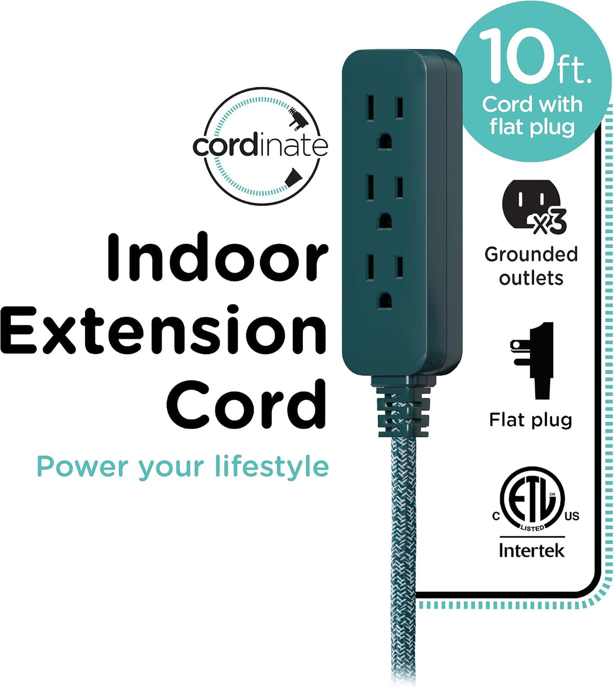 Cordinate 10ft. 3-Outlet Indoor Extension Cord, transformative teal