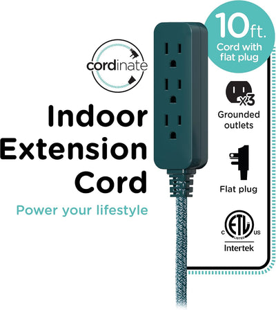 Cordinate 10ft. 3-Outlet Indoor Extension Cord, transformative teal