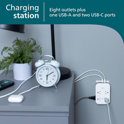 Philips All-in-One 4 Grounded plus 4 Polarized Outlet Surge Tap, 2-USB-C, 1-USB-A, 15W, 1140J, white/gray