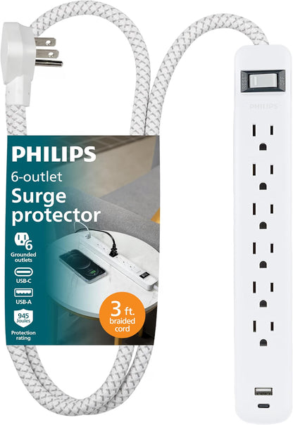 Philips Surge Protector, 6OL, 1 USB-A, 1 USB-C, 12W, 945J, 3ft., White