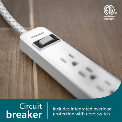 Philips 6-Outlet Surge Protector, 735 J, 3 ft. Braided Cord, White