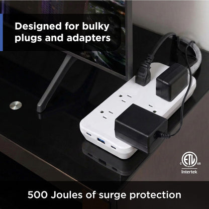 GE-branded 6OL Surge Protector, 1 USB-A, 2 USB-C, 500J, 3ft. Braided Cord, White