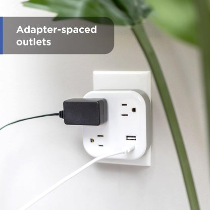GE-branded UltraPro 3-Outlet Surge Tap with USB, 980J, 1 USB-A, 1 USB-C, White