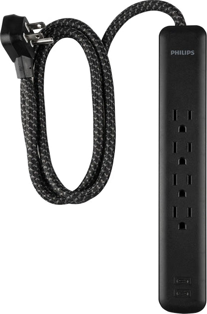 Philips 4-Outlet, 2 USB-C Surge Protector, 15W, 450J, 4ft Braided Cord, black