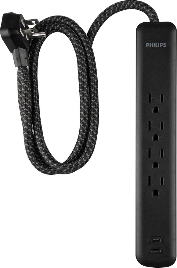 Philips 4-Outlet, 2 USB-C Surge Protector, 15W, 450J, 4ft Braided Cord, black
