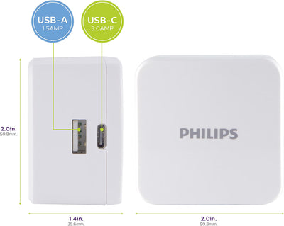 Philips iPhone USB Wall Charger Block, 22.5W with USB C and USB A, White