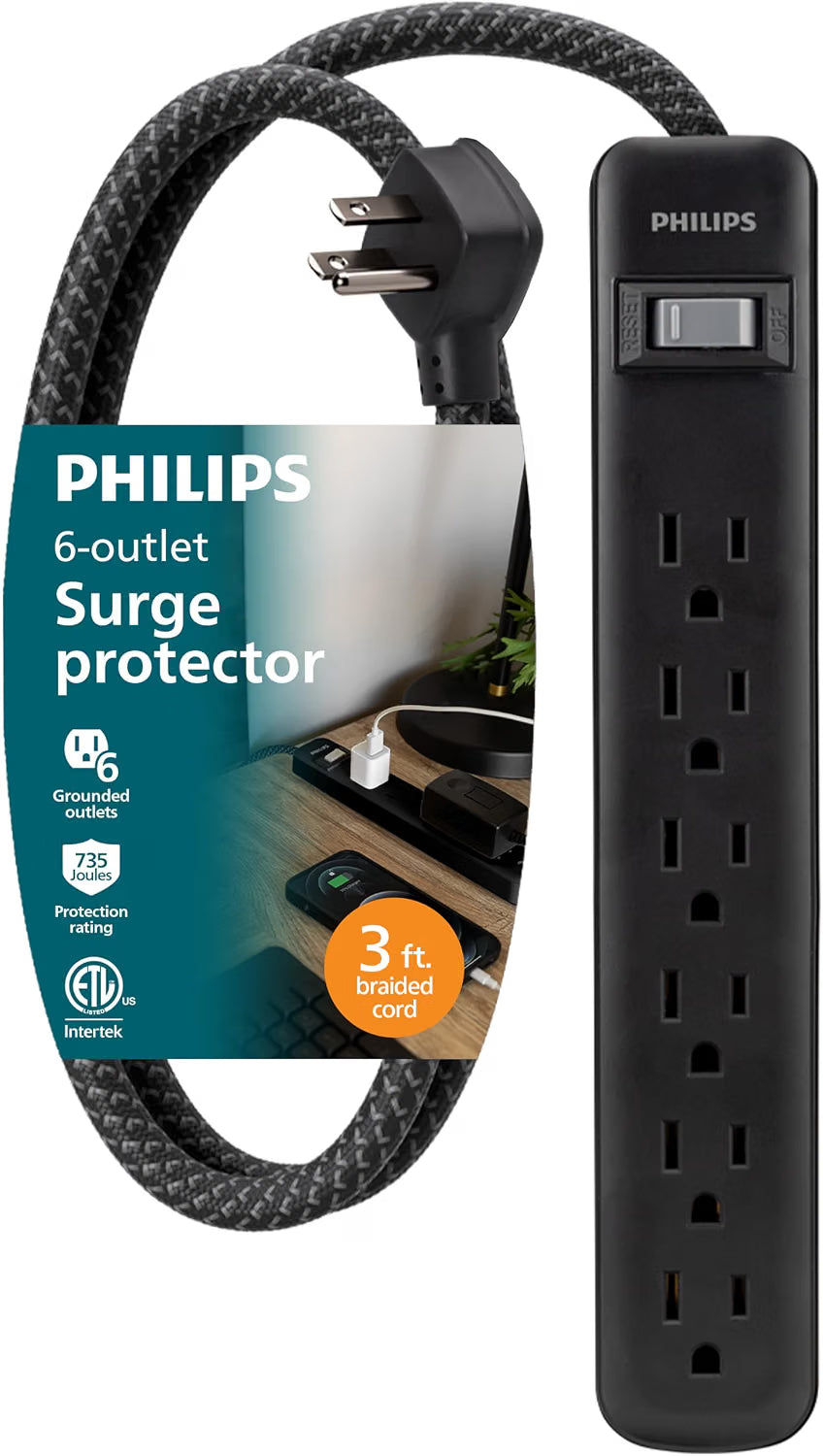 Philips 6-Outlet Surge Protector, 735 J, 3 ft. Braided Cord, Black