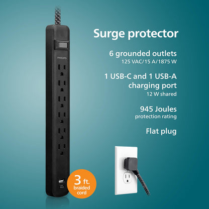 Philips Surge Protector, 6OL, 1 USB-A, 1 USB-C, 12W, 945J, 3ft., Black