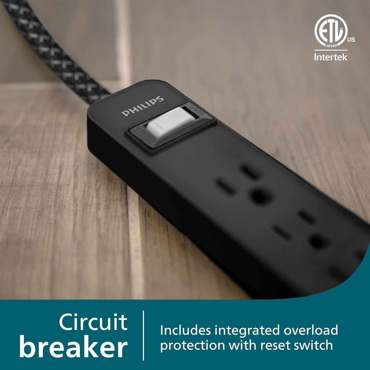 Philips 6-Outlet Surge Protector, 735 J, 3 ft. Braided Cord, Black