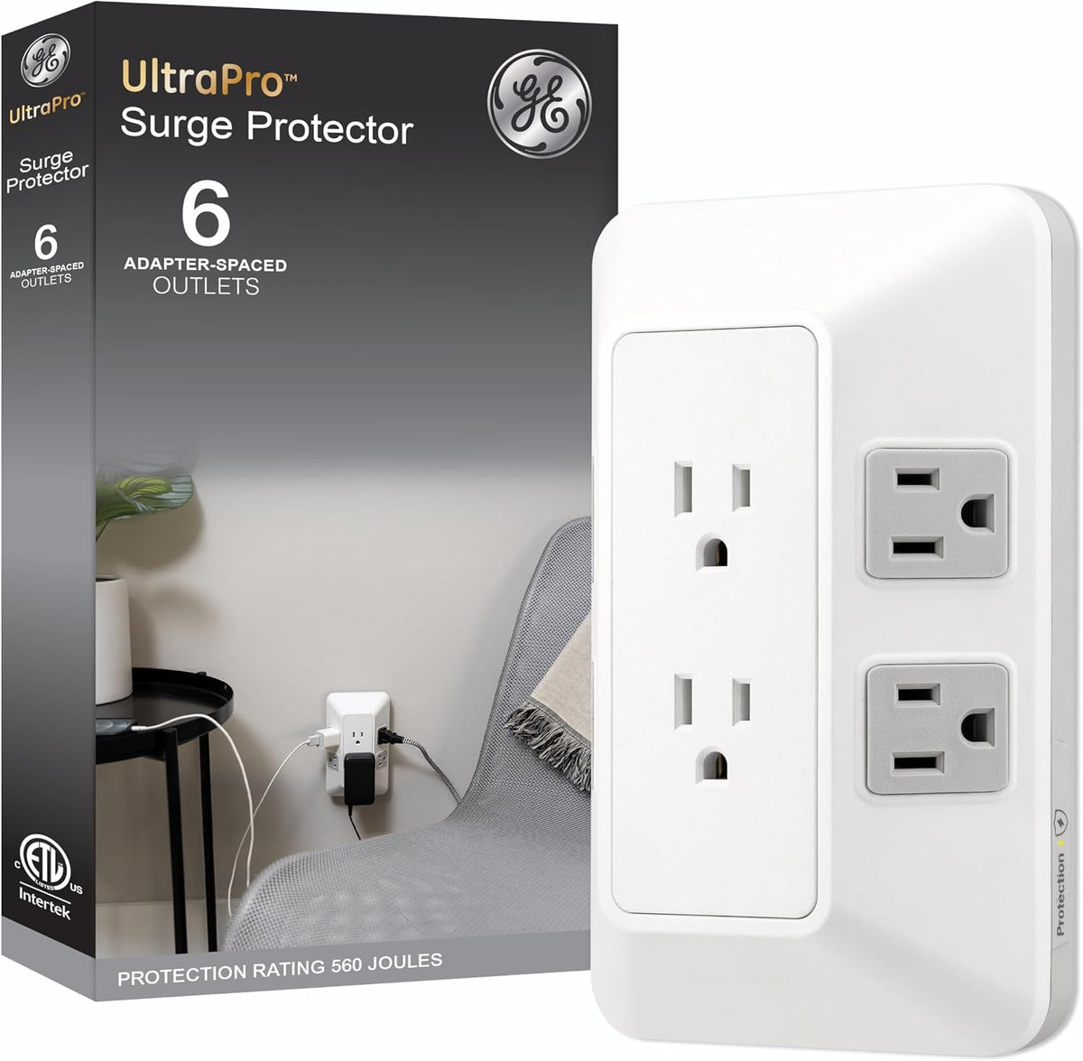 GE 6-Outlet Surge Protector, Outlet Extender, Wall Tap, Adapter Spaced, 560 Joules, White/Gray