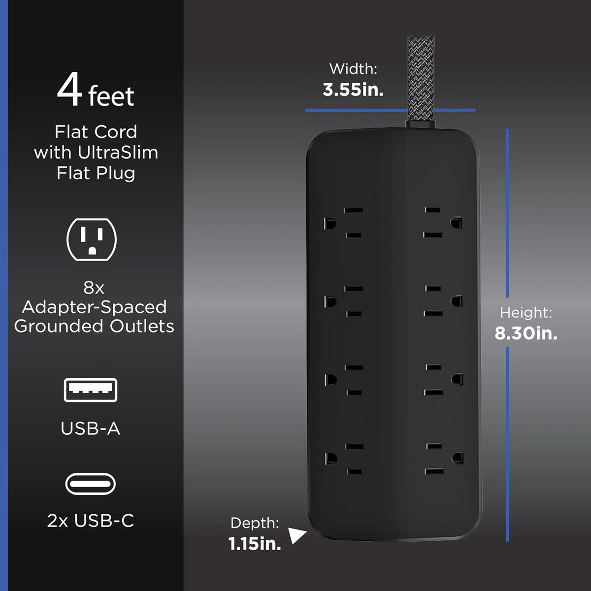GE-branded 8-Outlet UltraSlim Surge Protector, 1 USB-A, 2 USB-C 15W, 1500J, 4ft. Braided Cord, Black