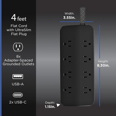 GE-branded 8-Outlet UltraSlim Surge Protector, 1 USB-A, 2 USB-C 15W, 1500J, 4ft. Braided Cord, Black
