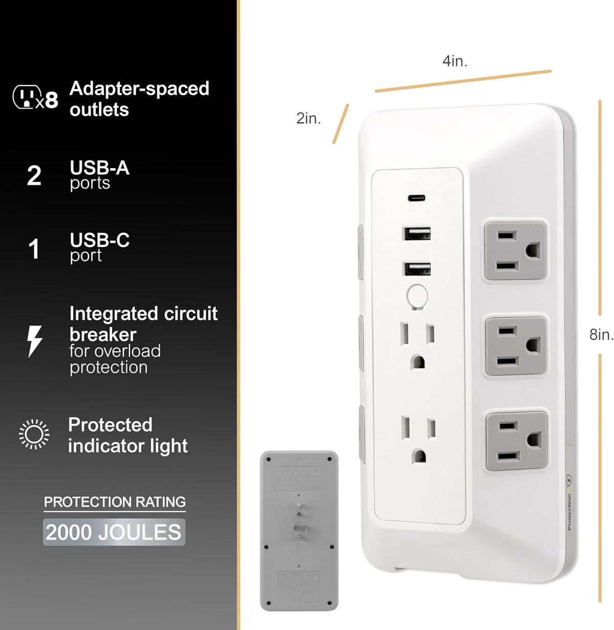 GE 8-Outlet Surge Protector with USB, Outlet Extender, 2 USB-A, 1 USB-C, White
