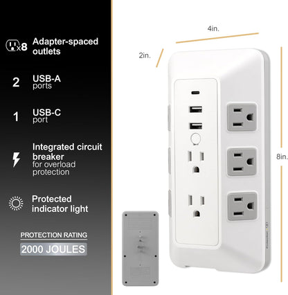 GE 8-Outlet Surge Protector with USB, Outlet Extender, 2 USB-A, 1 USB-C, White