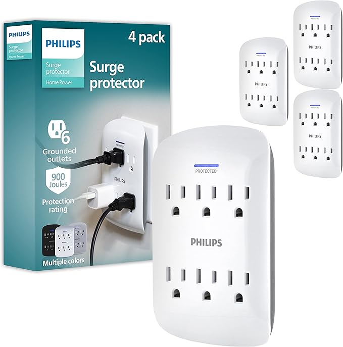 Philips 6-Outlet Surge Protector Wall Tap, White, 4pk