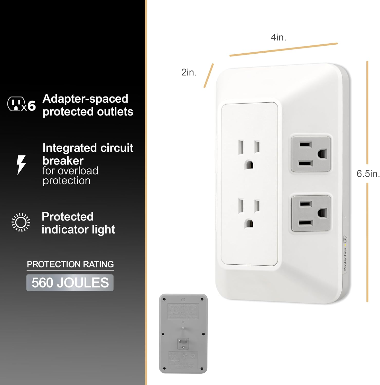 GE 6-Outlet Surge Protector, Outlet Extender, Wall Tap, Adapter Spaced, 560 Joules, White/Gray