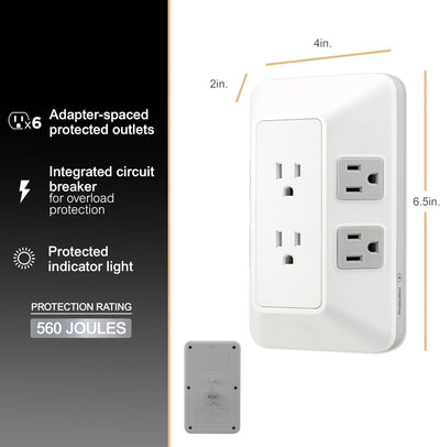 GE 6-Outlet Surge Protector, Outlet Extender, Wall Tap, Adapter Spaced, 560 Joules, White/Gray