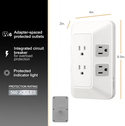 GE 6-Outlet Surge Protector, Outlet Extender, Wall Tap, Adapter Spaced, 560 Joules, White/Gray