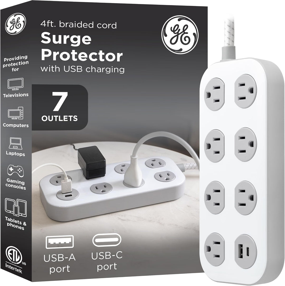 GE-branded 7-Outlet Surge Protector, 1 USB-A, 1 USB-C, 1470 Joules, 4ft., White