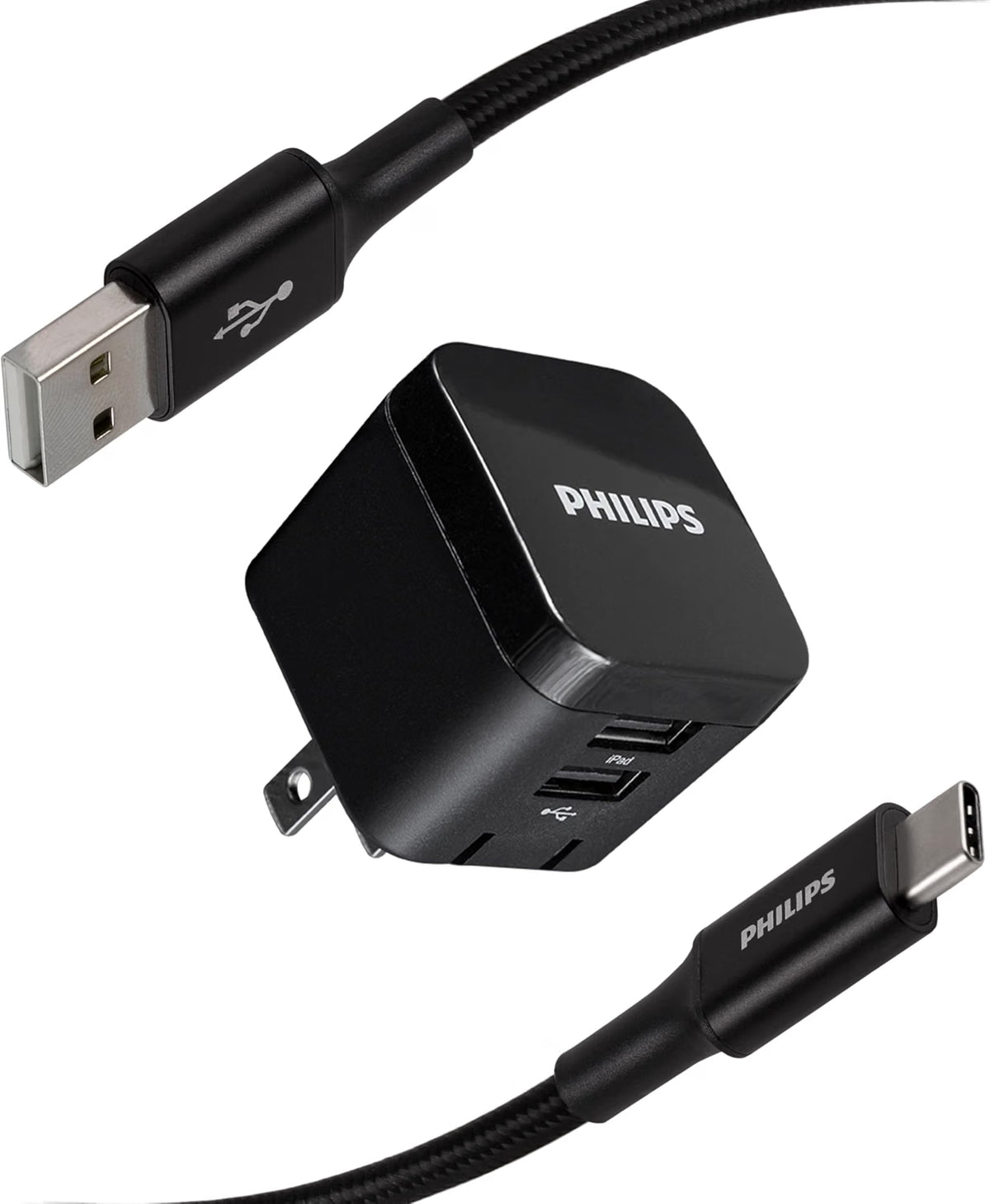 Philips Wall Charger Charging Kit, 2 Port, 2.4A, USB-A to USB-C