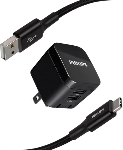 Philips Wall Charger Charging Kit, 2 Port, 2.4A, USB-A to USB-C