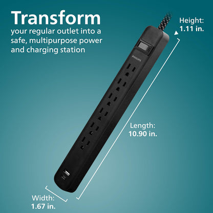 Philips Surge Protector, 6OL, 1 USB-A, 1 USB-C, 12W, 945J, 3ft., Black
