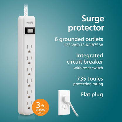 Philips 6-Outlet Surge Protector, 735 J, 3 ft. Braided Cord, White