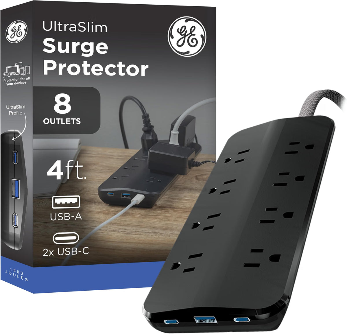 GE-branded 8-Outlet UltraSlim Surge Protector, 1 USB-A, 2 USB-C 15W, 1500J, 4ft. Braided Cord, Black