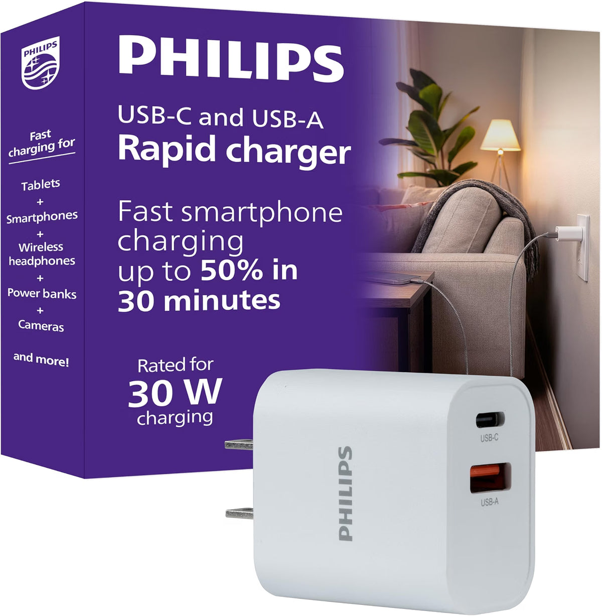 Philips USB-C and USB-A Rapid Charger with GaN technology and Power Delivery, 30W