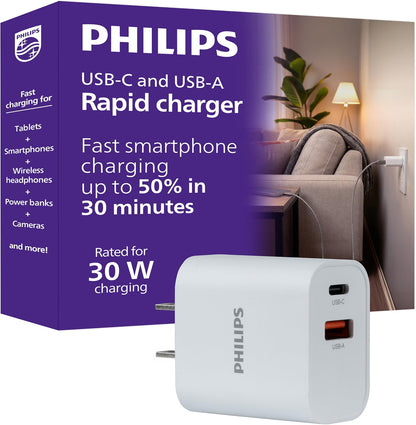 Philips USB-C and USB-A Rapid Charger with GaN technology and Power Delivery, 30W