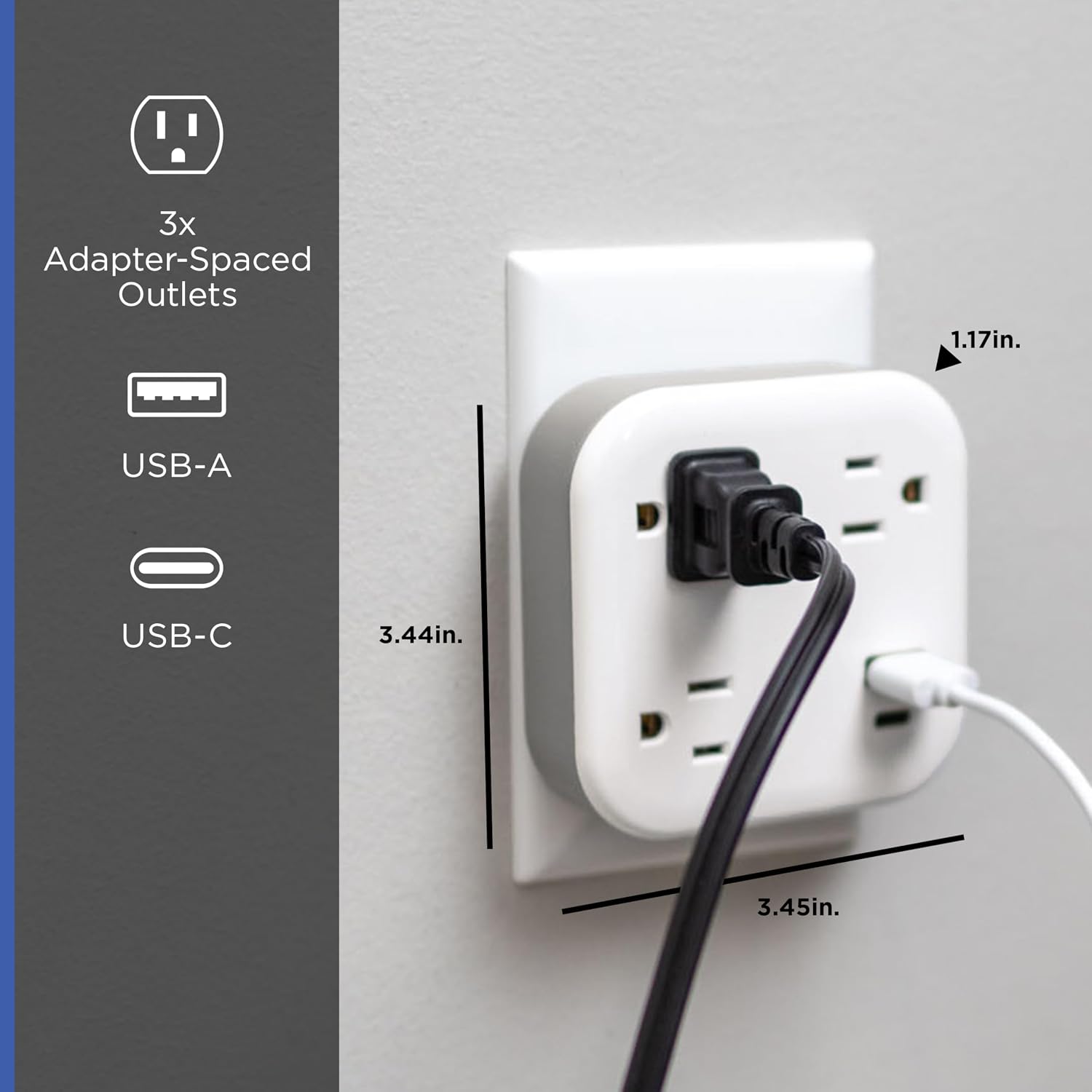 GE-branded UltraPro 3-Outlet Surge Tap with USB, 980J, 1 USB-A, 1 USB-C, White