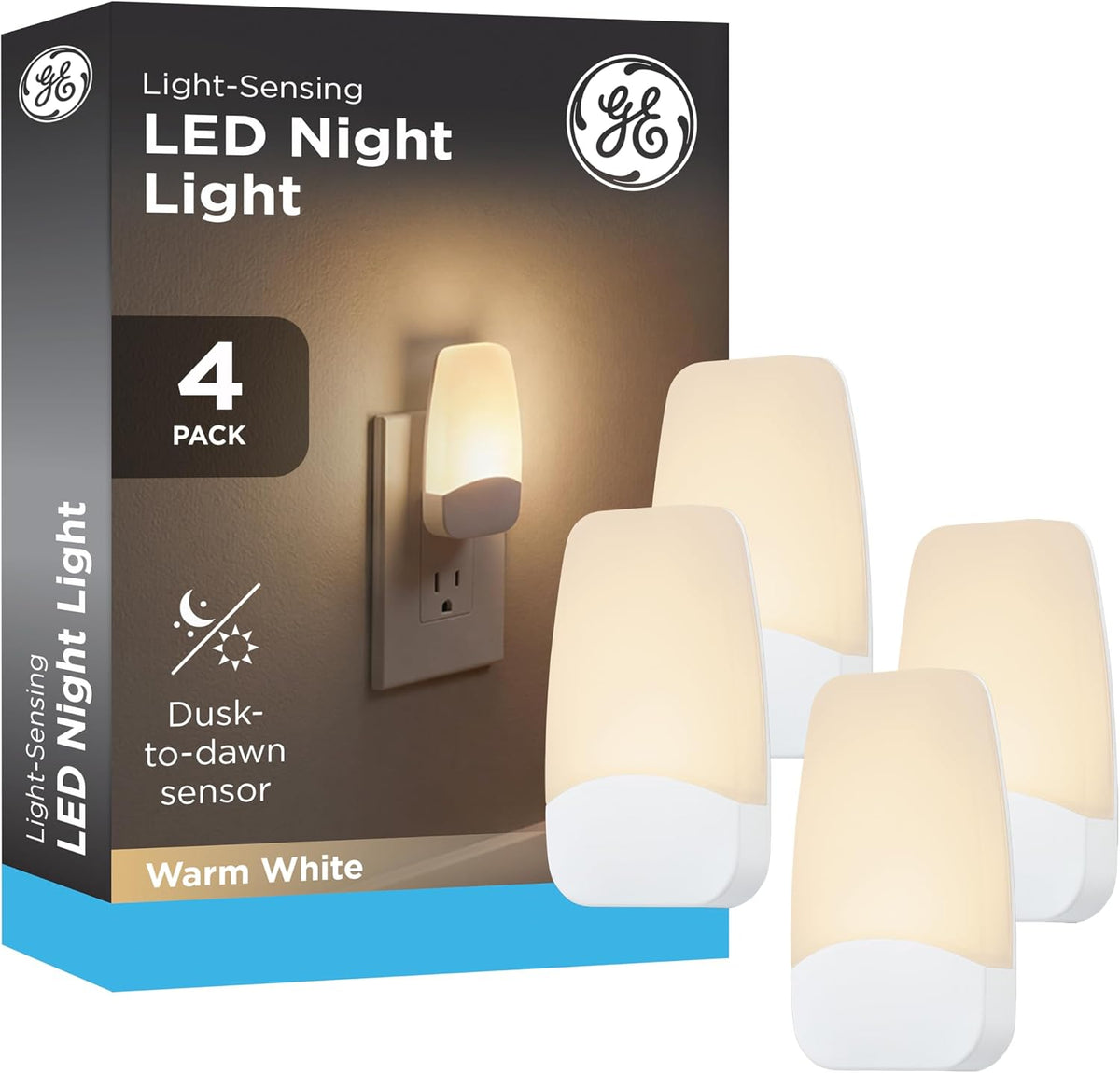GE Light Sensing LED Night Light, Warm White, 4 Pack