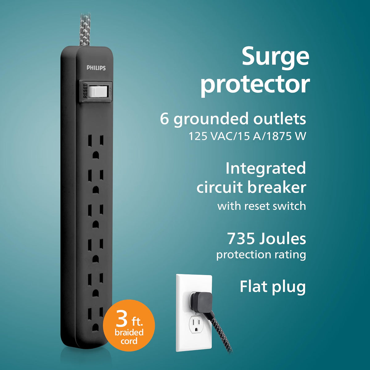 Philips 6-Outlet Surge Protector, 735 J, 3 ft. Braided Cord, Black