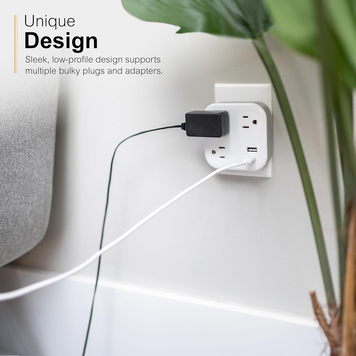 GE-branded UltraPro 3-Outlet Surge Tap with USB, 980J, 1 USB-A, 1 USB-C, White