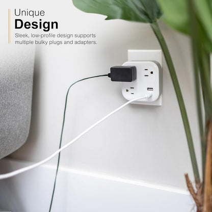 GE-branded UltraPro 3-Outlet Surge Tap with USB, 980J, 1 USB-A, 1 USB-C, White