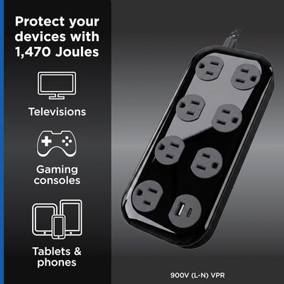 GE-branded 7-Outlet Surge Protector, 1 USB-A, 1 USB-C, 1470 Joules, 4ft., Black