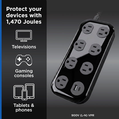 GE-branded 7-Outlet Surge Protector, 1 USB-A, 1 USB-C, 1470 Joules, 4ft., Black