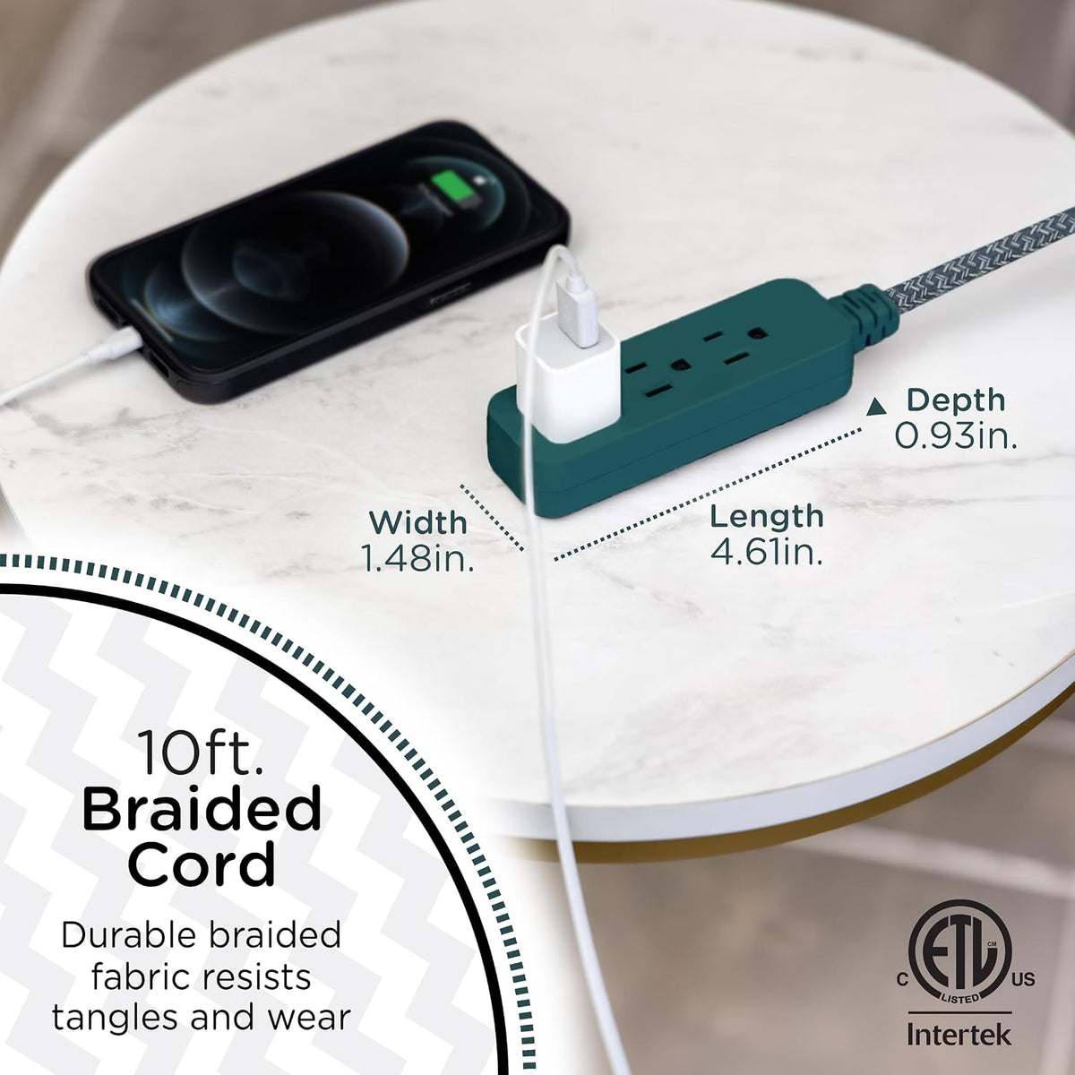 Cordinate 10ft. 3-Outlet Indoor Extension Cord, transformative teal