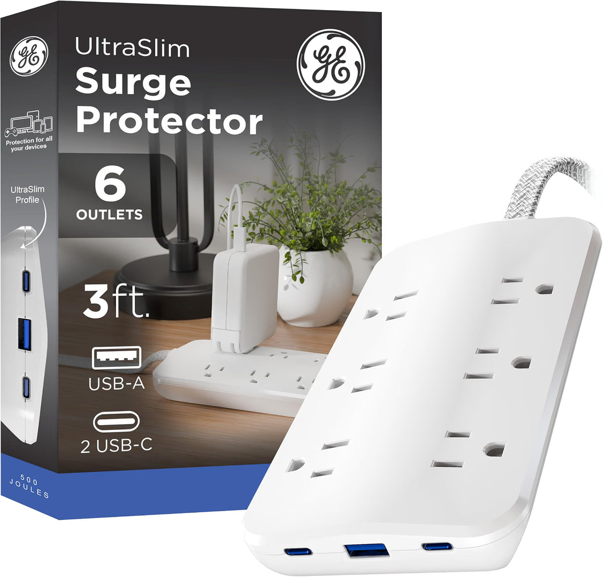 GE-branded 6OL Surge Protector, 1 USB-A, 2 USB-C, 500J, 3ft. Braided Cord, White