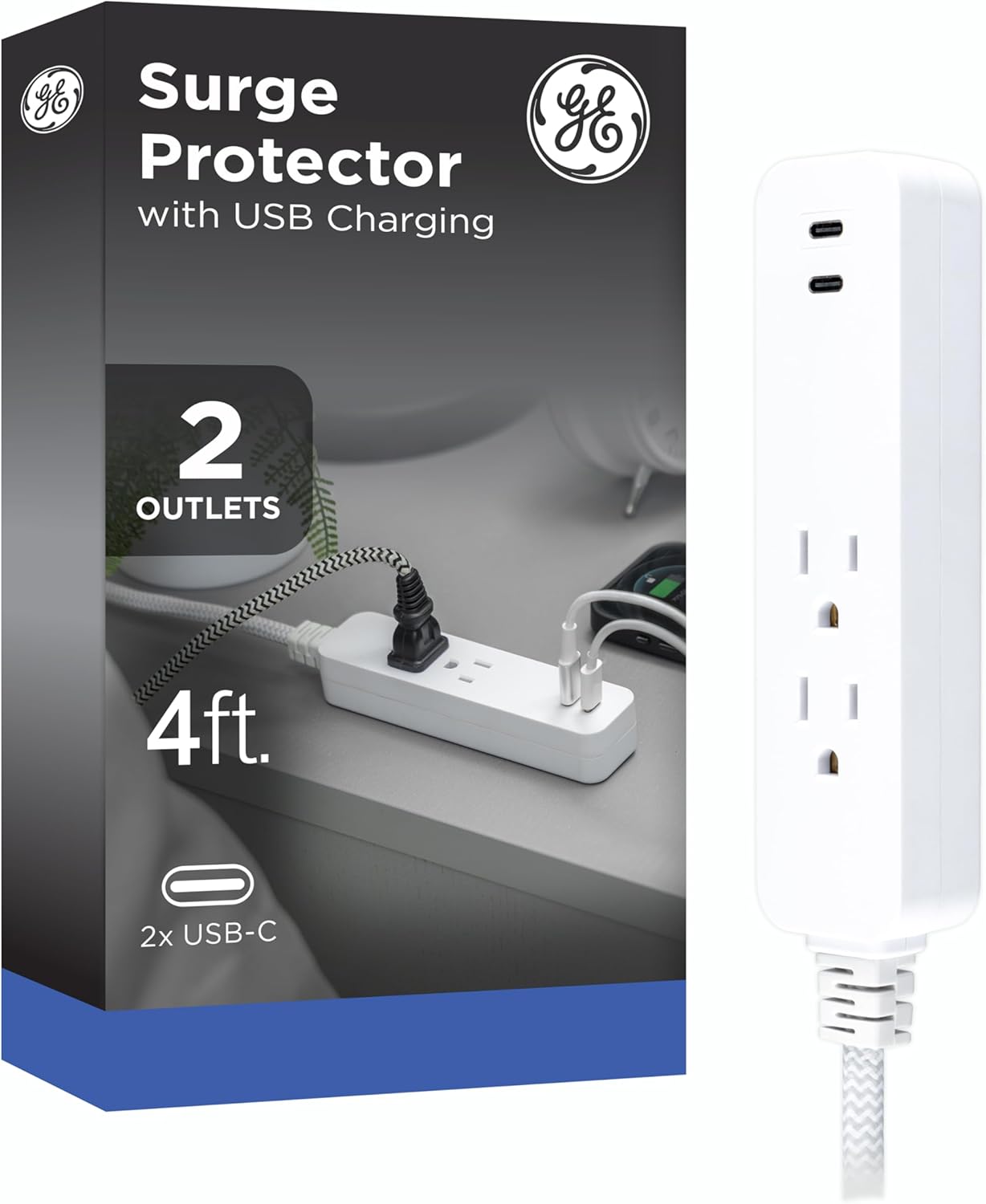 GE 2-Outlet 4ft. Surge Protector with USB Charging, White