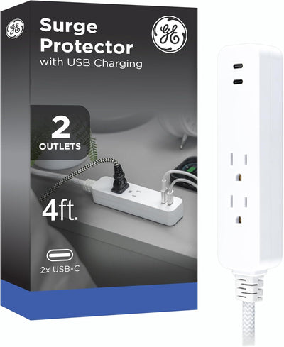 GE 2-Outlet 4ft. Surge Protector with USB Charging, White