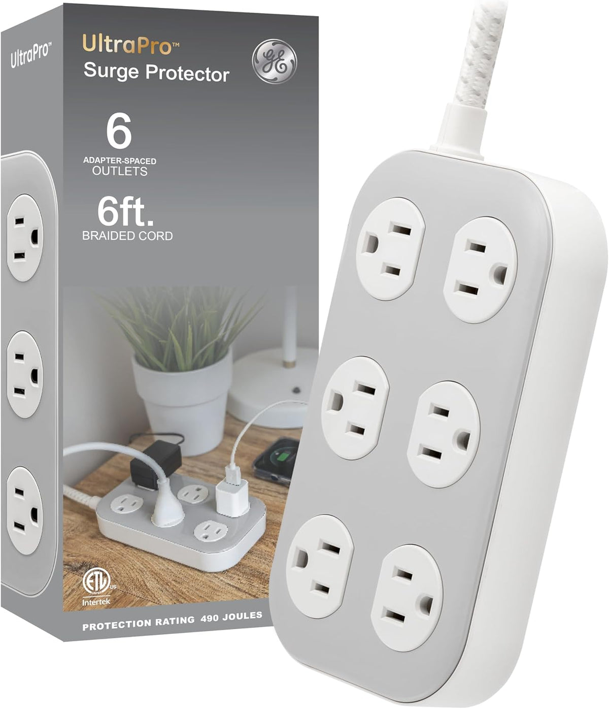 GE-branded UltraPro 6-Outlet Surge Protector, 490J, 6ft. Braided Cord, Gray/Cream