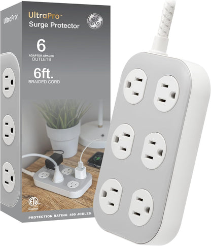 GE-branded UltraPro 6-Outlet Surge Protector, 490J, 6ft. Braided Cord, Gray/Cream